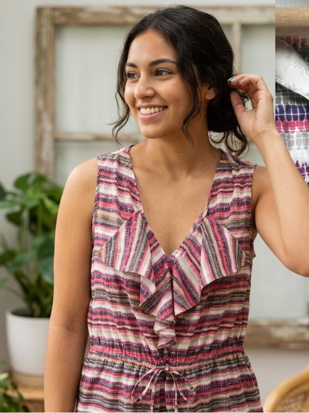 Banana Republic Casual Boho Ruffle V-Neck Drawstring Sleeveless Colorful Blouse
